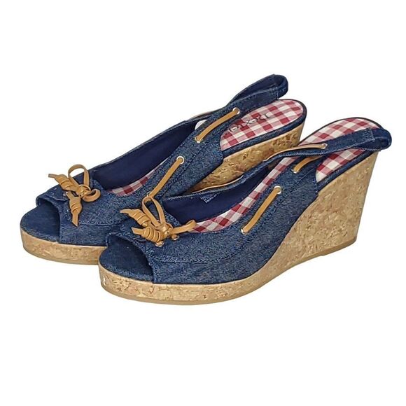 NEW Dexture Denim Slingback Wedge Sandal 9 Bow Cork Look Peep Toe Blue Brown - Picture 2 of 5